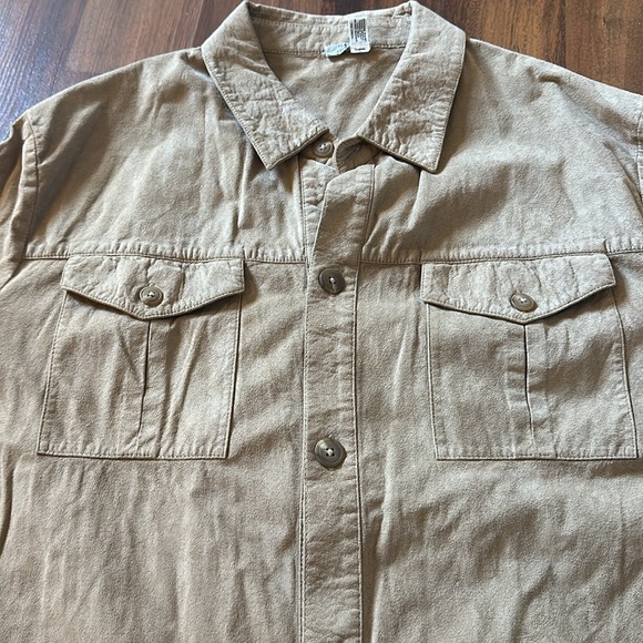 VTG Maus & Hoffman Tan Faux Suede Leather Safari Button Down Mens Shirt Size L - Picture 10 of 11